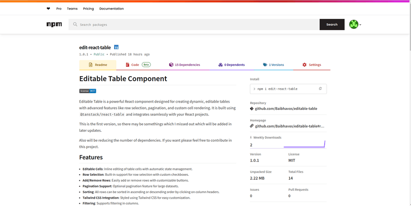 npm package for tables